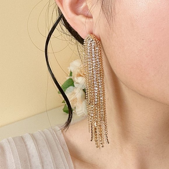 Crystal Ponytail with Beads Long Tassel Chain Earrings - Picture 7 of 7